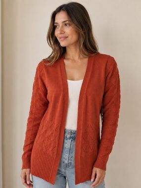 Open-Front Rust Knit Cardigan Sweater Silk & Cotton